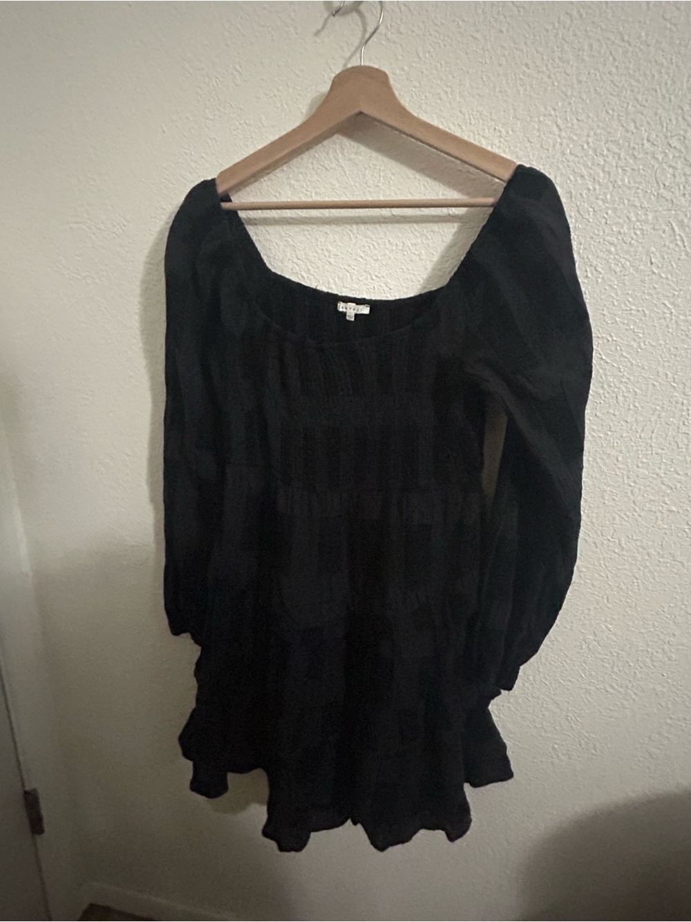Black Long-Sleeve Tiered Mini Dress with Scoop Neck